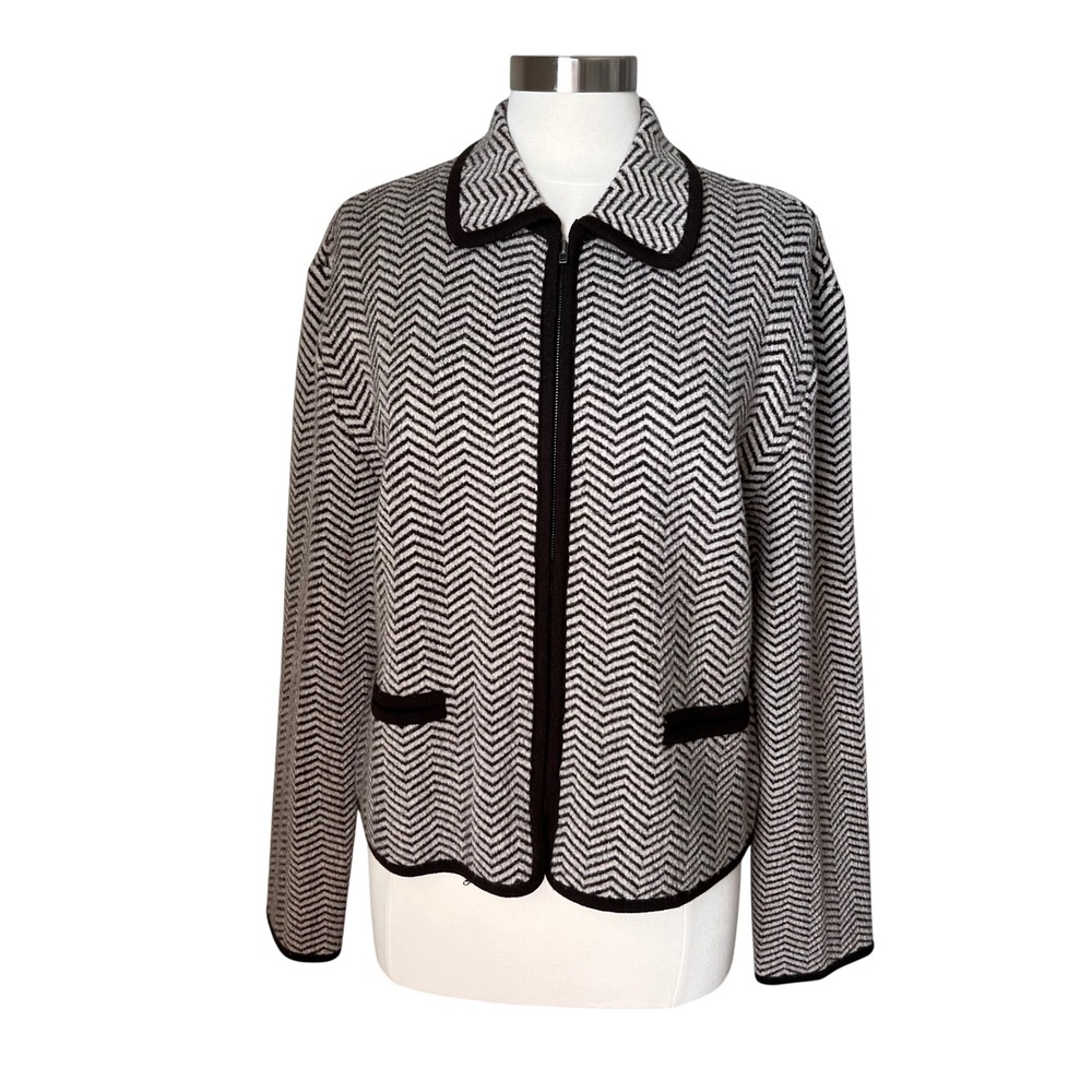 Vtg 100% Merino Wool Chevron Zip Up Cardigan Jacket Brown Cream Jones New York L
